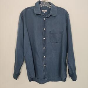 Old Navy Linen Blend Button Down Shirt Navy Blue Long Sleeve Pocket Large